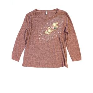 D & C Mauve Pink Heathered Long Sleeve Top Floral Rhinestone Embellished Large